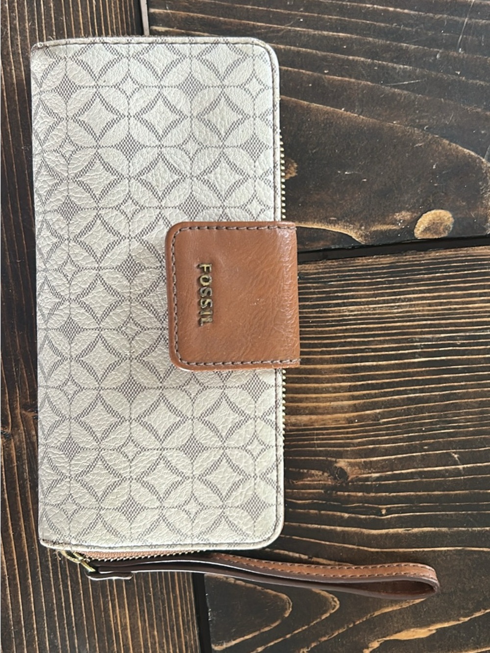 Fossil Cream Patterned Wallet with Brown Leather Snap Wristlet
